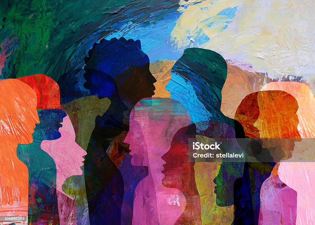 Painted silhouettes of diverse people in vibrant colours